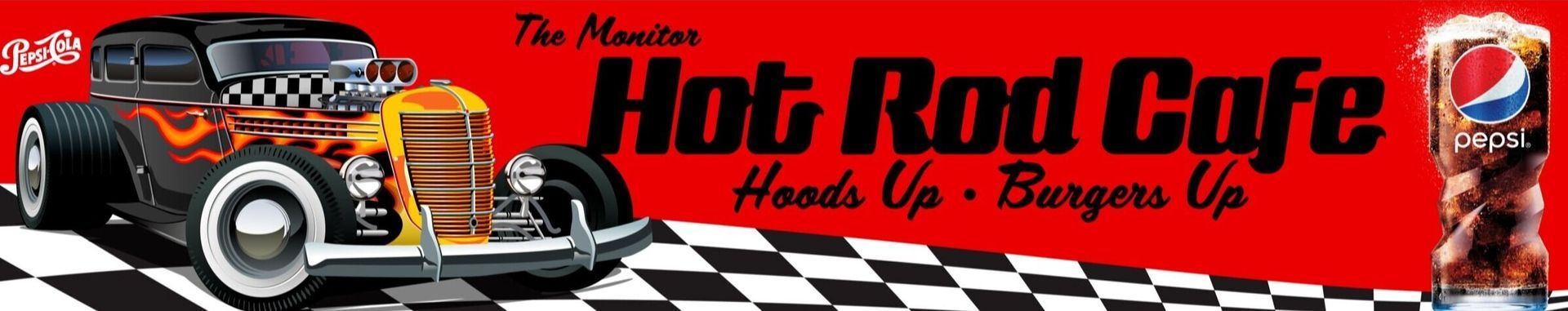 A large sign for a restaurant called Hot Rod Cafe. There is a classic car on the left side of the sign.