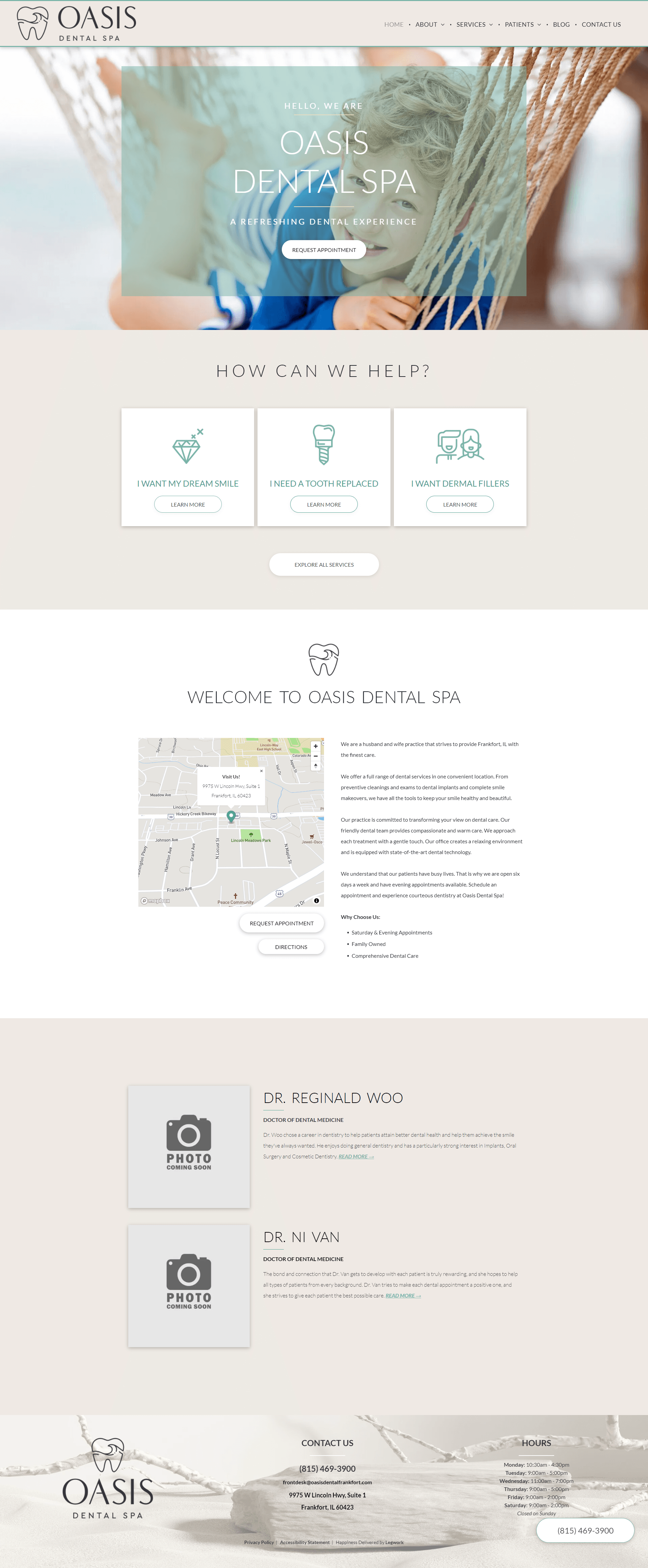 Image of a homepage for a dentist office called Oasis Dental Spa.