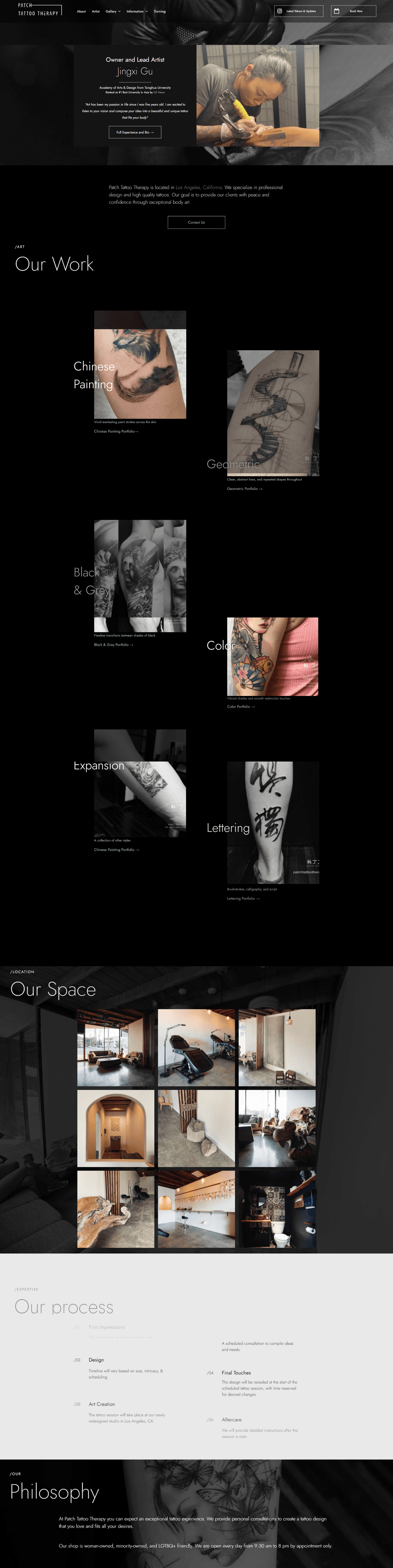 Image of a homepage for a tattoo shop called Patch Tattoo Therapy.