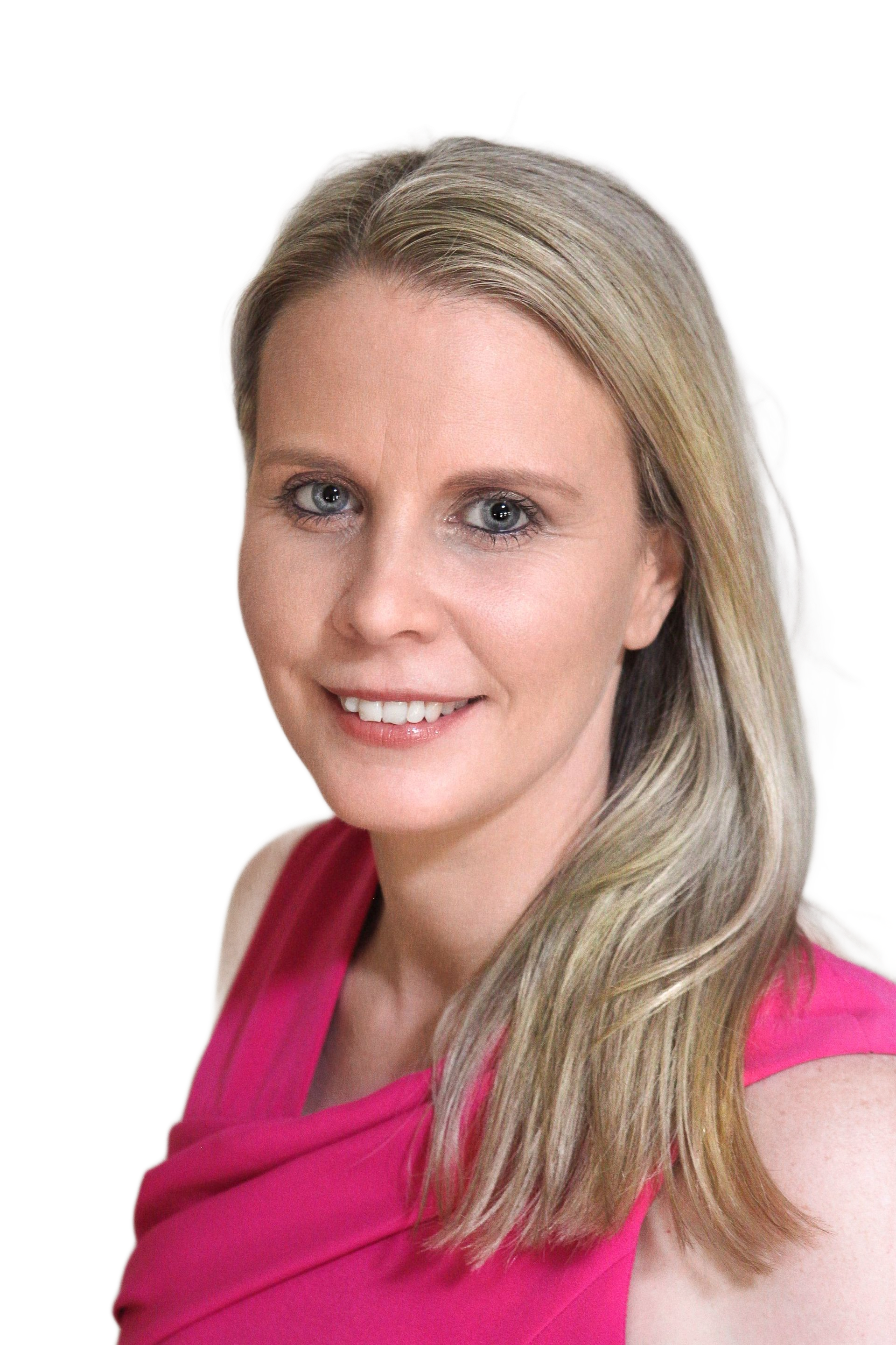 Blond woman with fair skin, smiling, in a pink top, set against a white background.