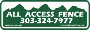 A green sign that says all access fence on it