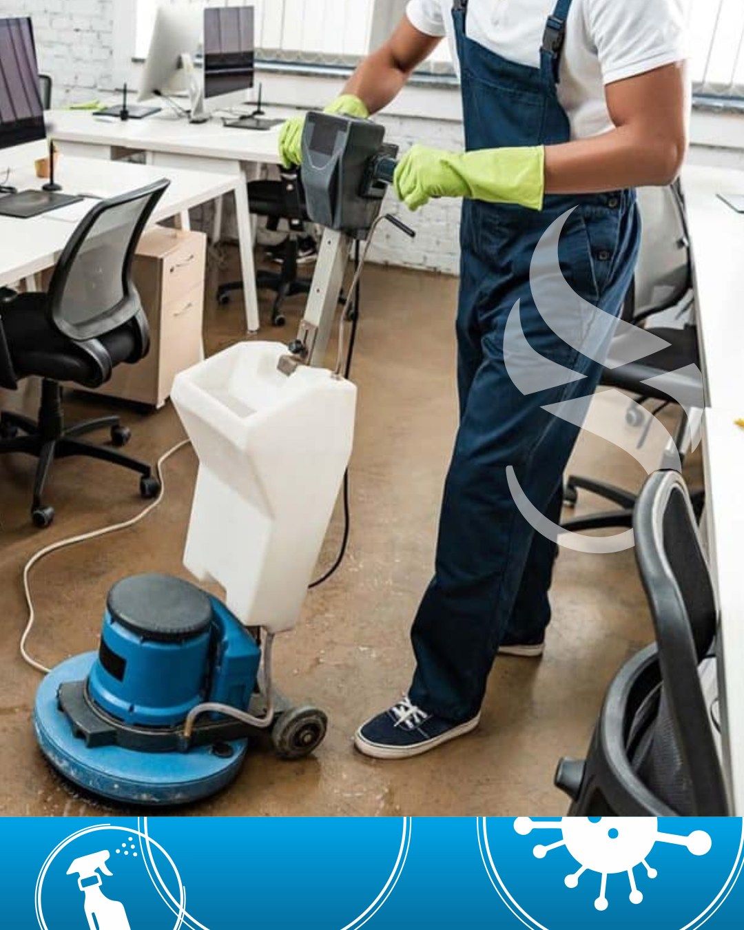 Persona in tuta che pulisce il pavimento di un ufficio con una lucidatrice blu.