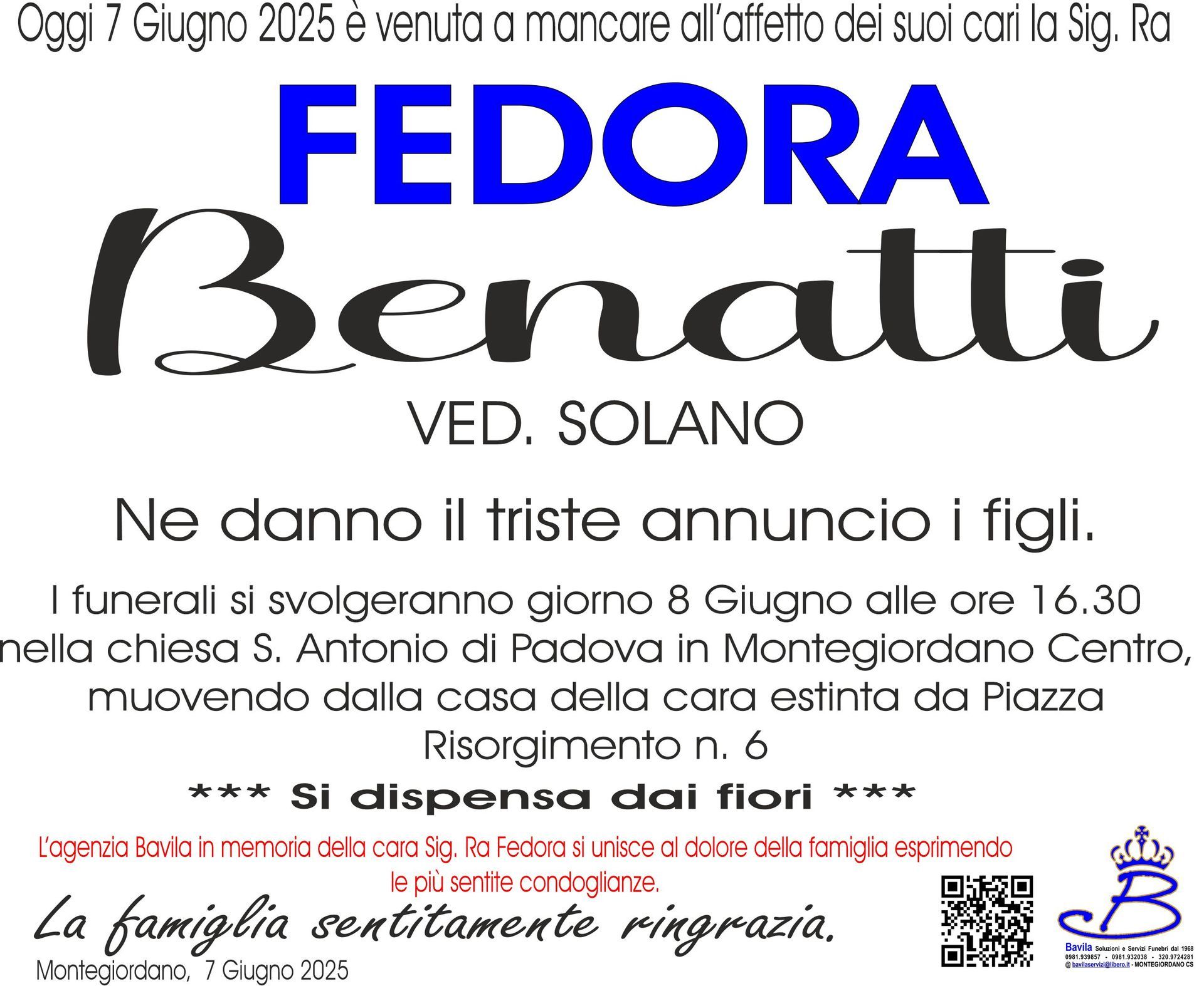 necrologio Fedora Benatti
