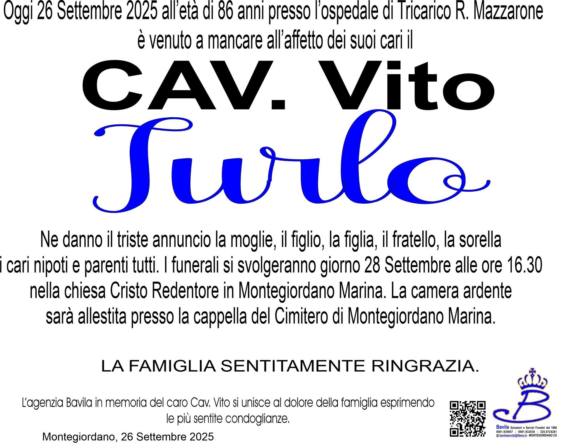 necrologio Cav. Vito Iurlo