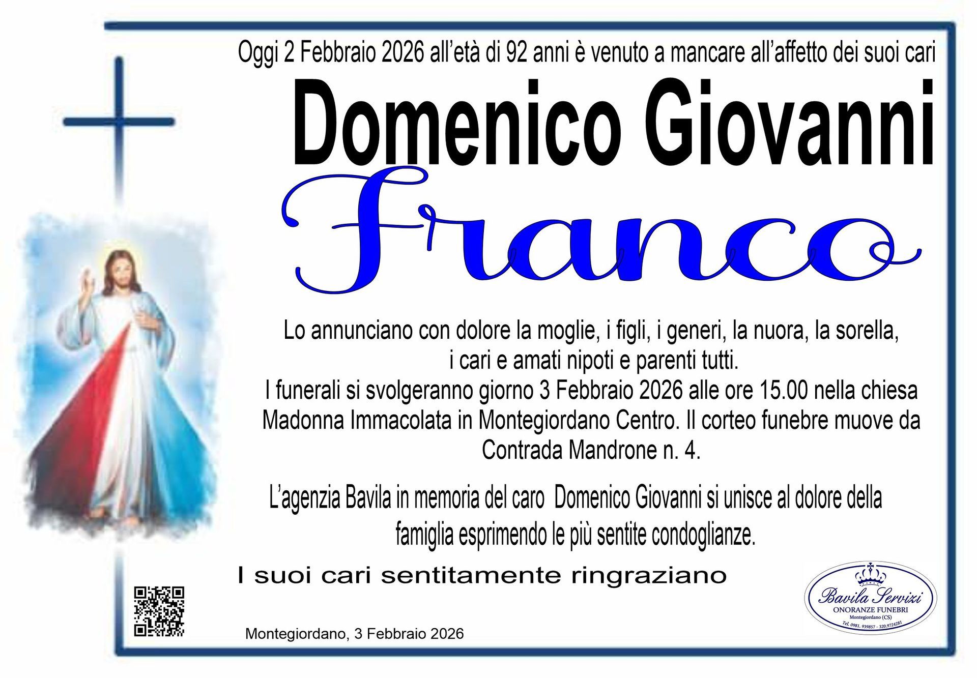 necrologio Domenico Giovanni Franco