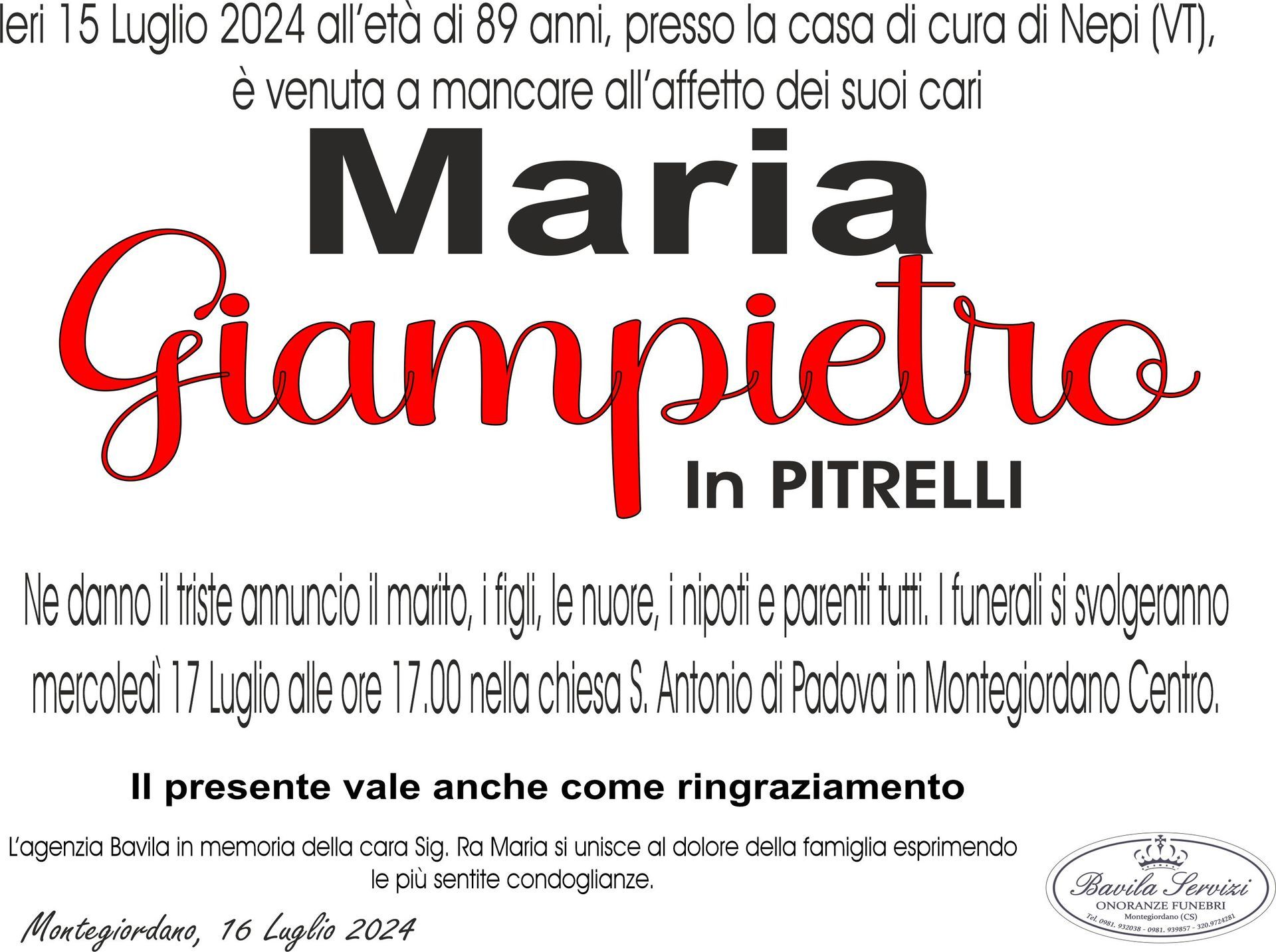 necrologio Maria Giampietro in Pitrelli