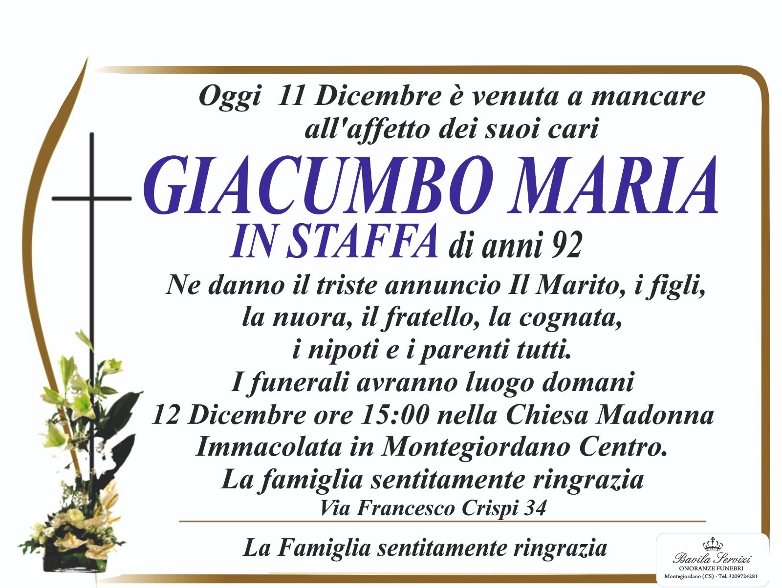 necrologio Maria Giacumbo in Staffa