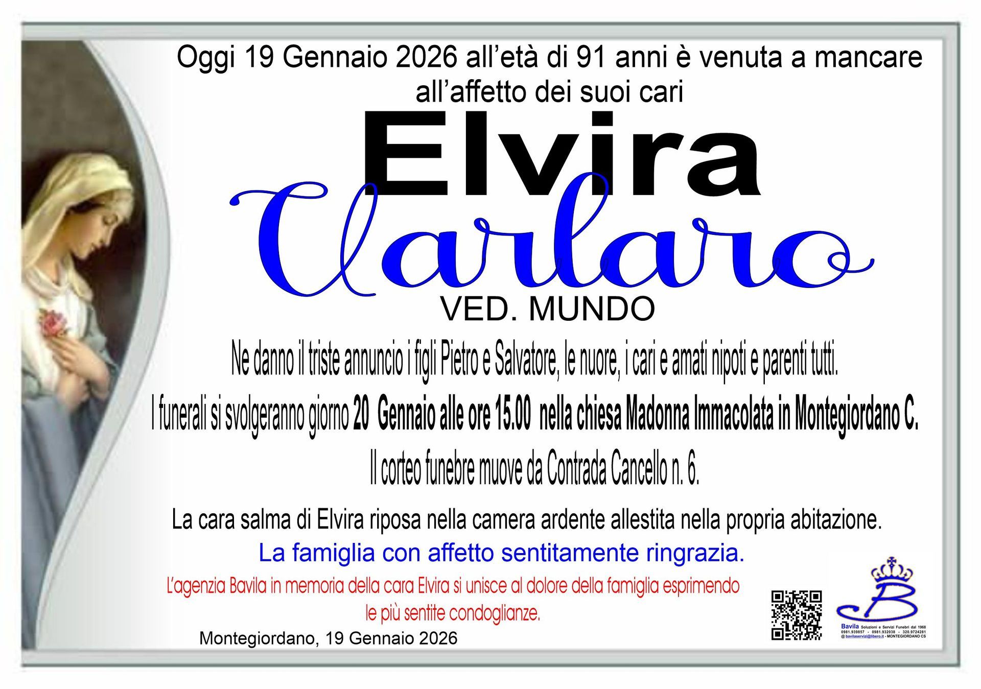 necrologio Elvira Varlaro Ved. Mundo