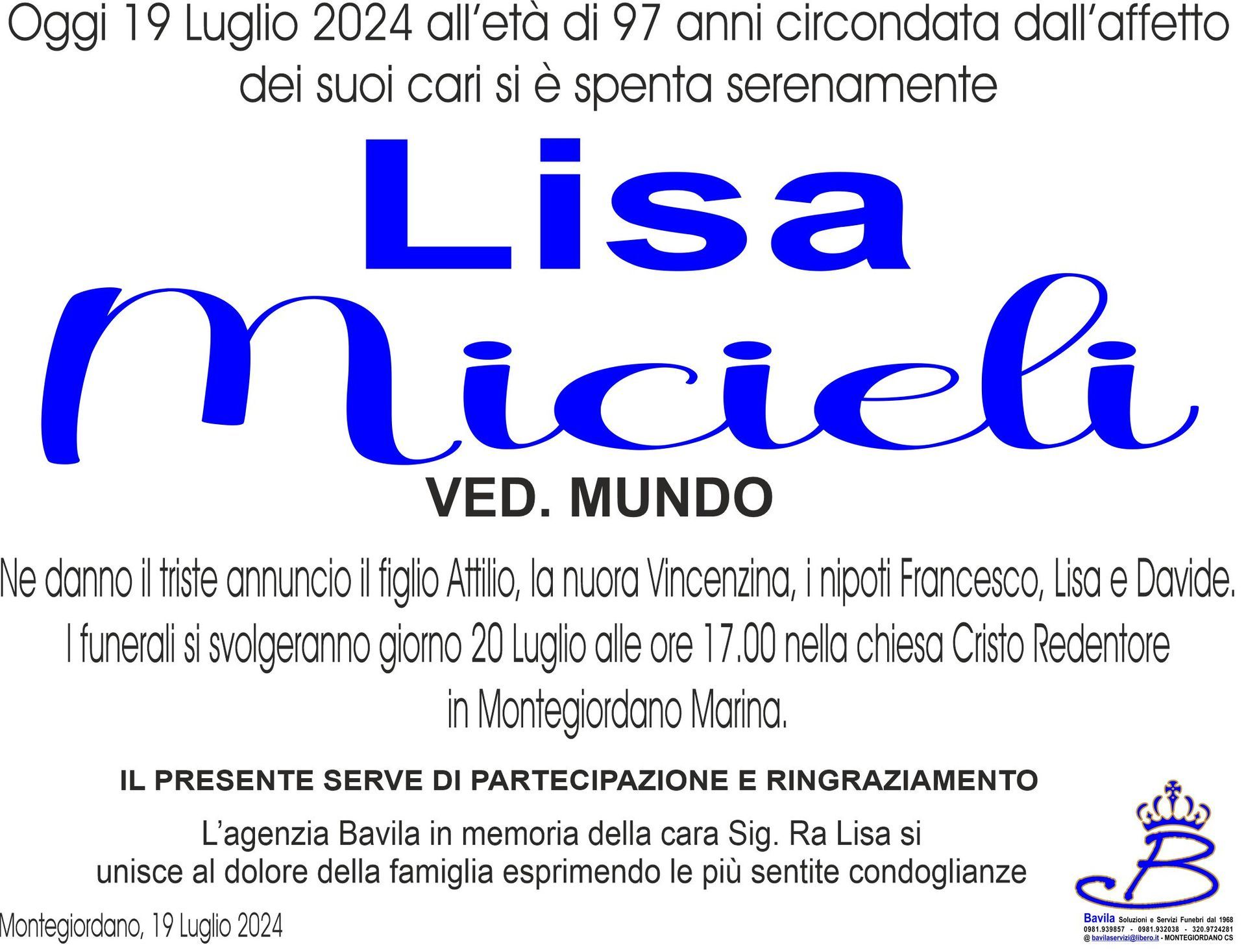 necrologio Lisa Micieli