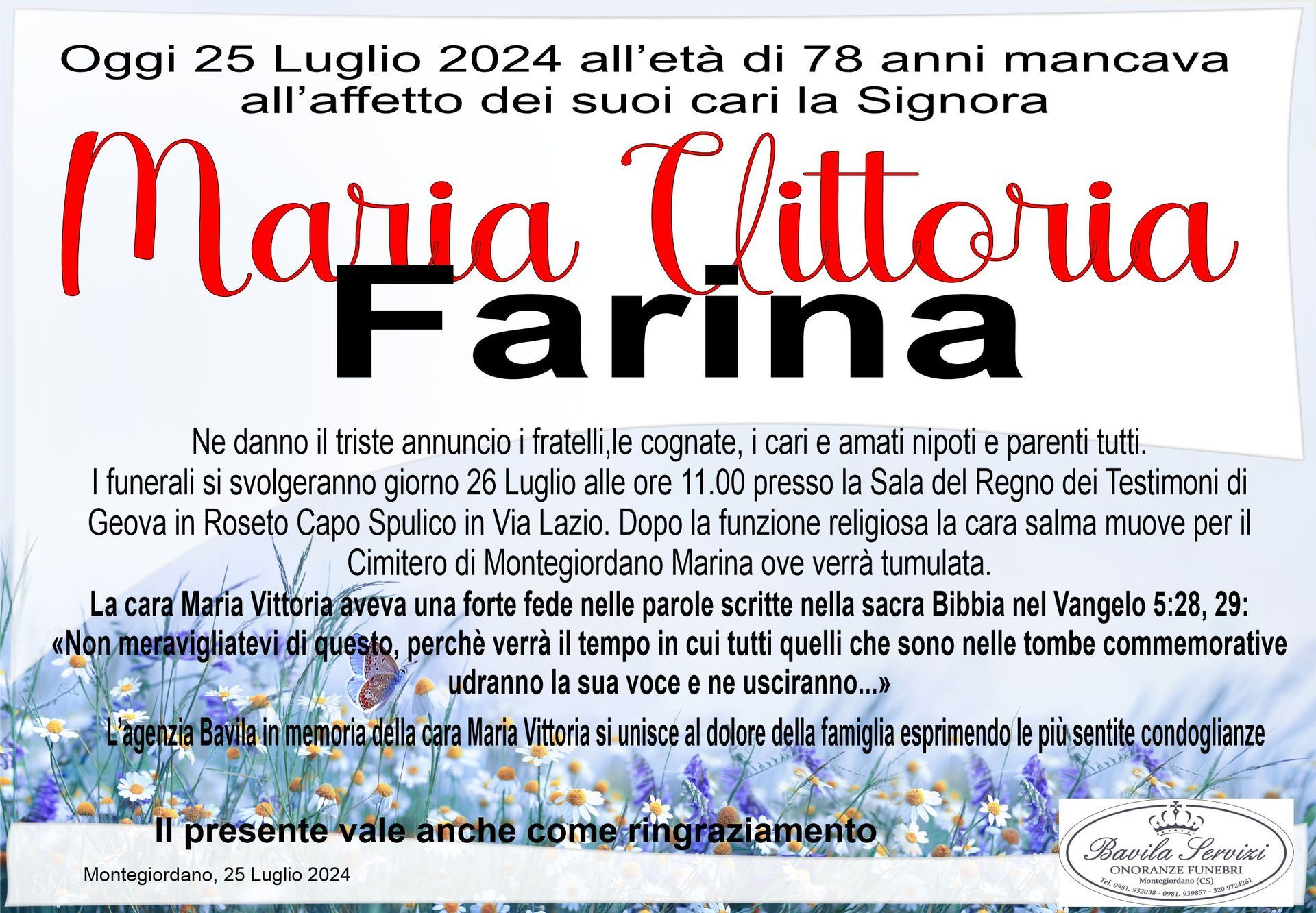 necrologio Maria Vittoria Farina