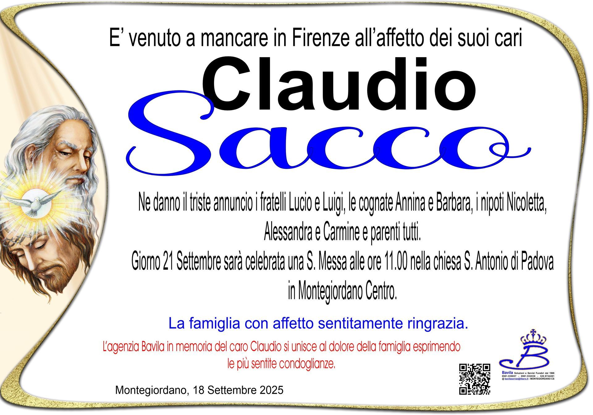 necrologio Claudio Sacco