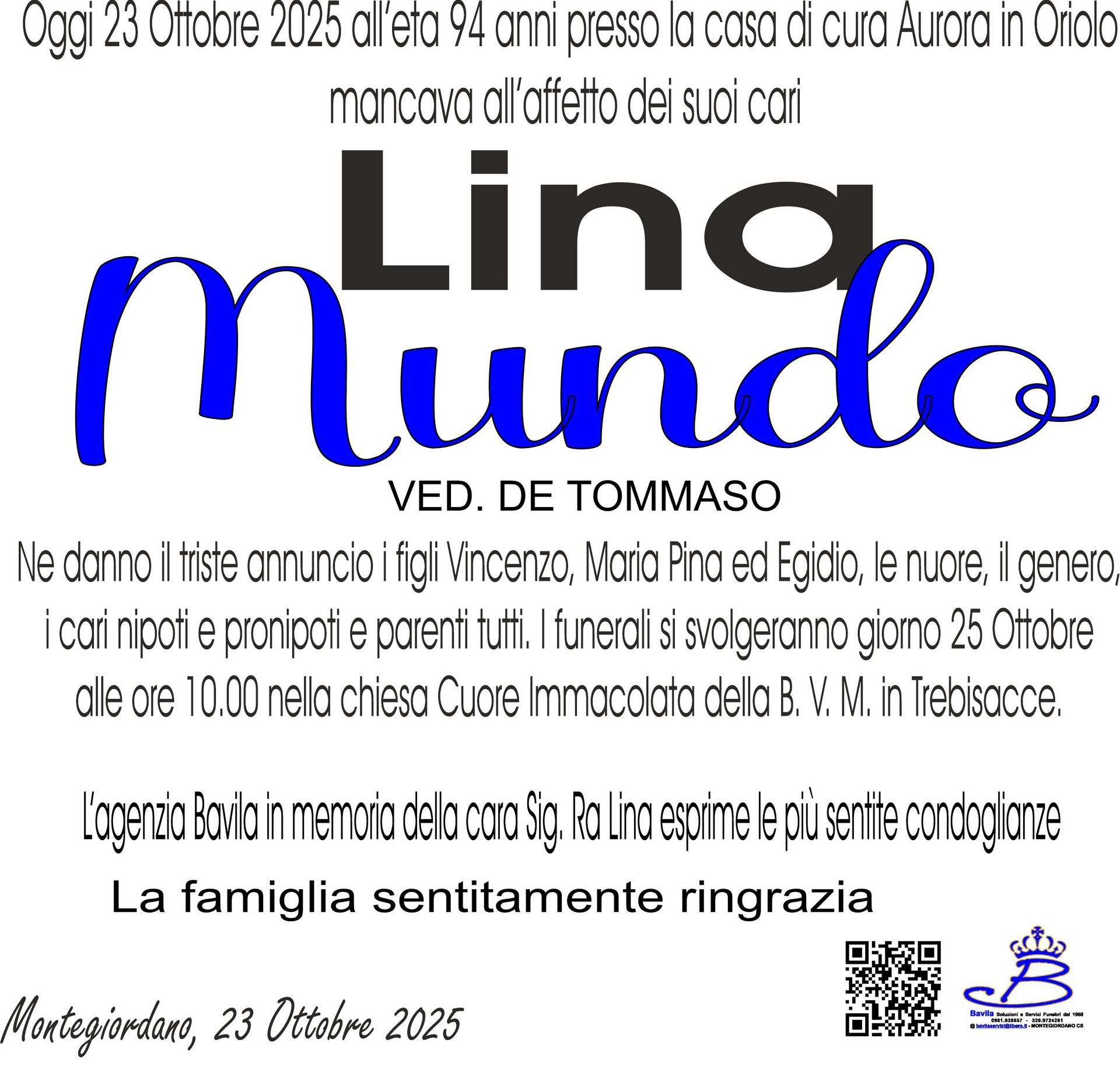 necrologio Lina Mundo