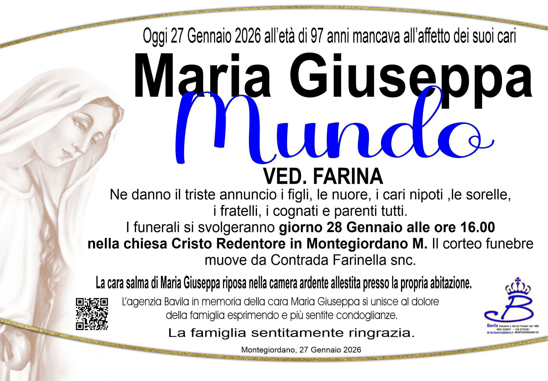 necrologio Maria Giuseppa Mundo Ved. Farina
