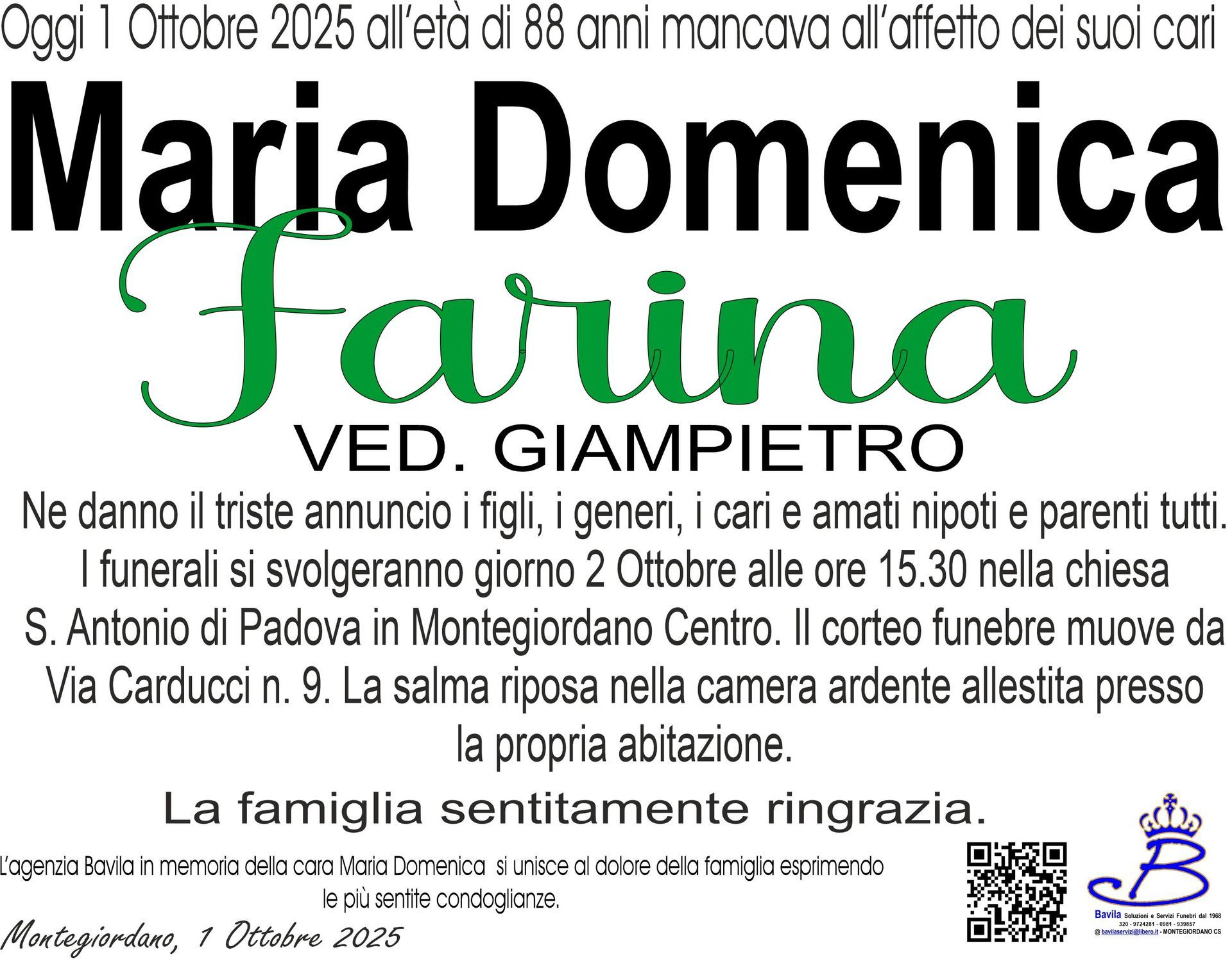 necrologio Maria Domenica Farina Ved. Giampietro