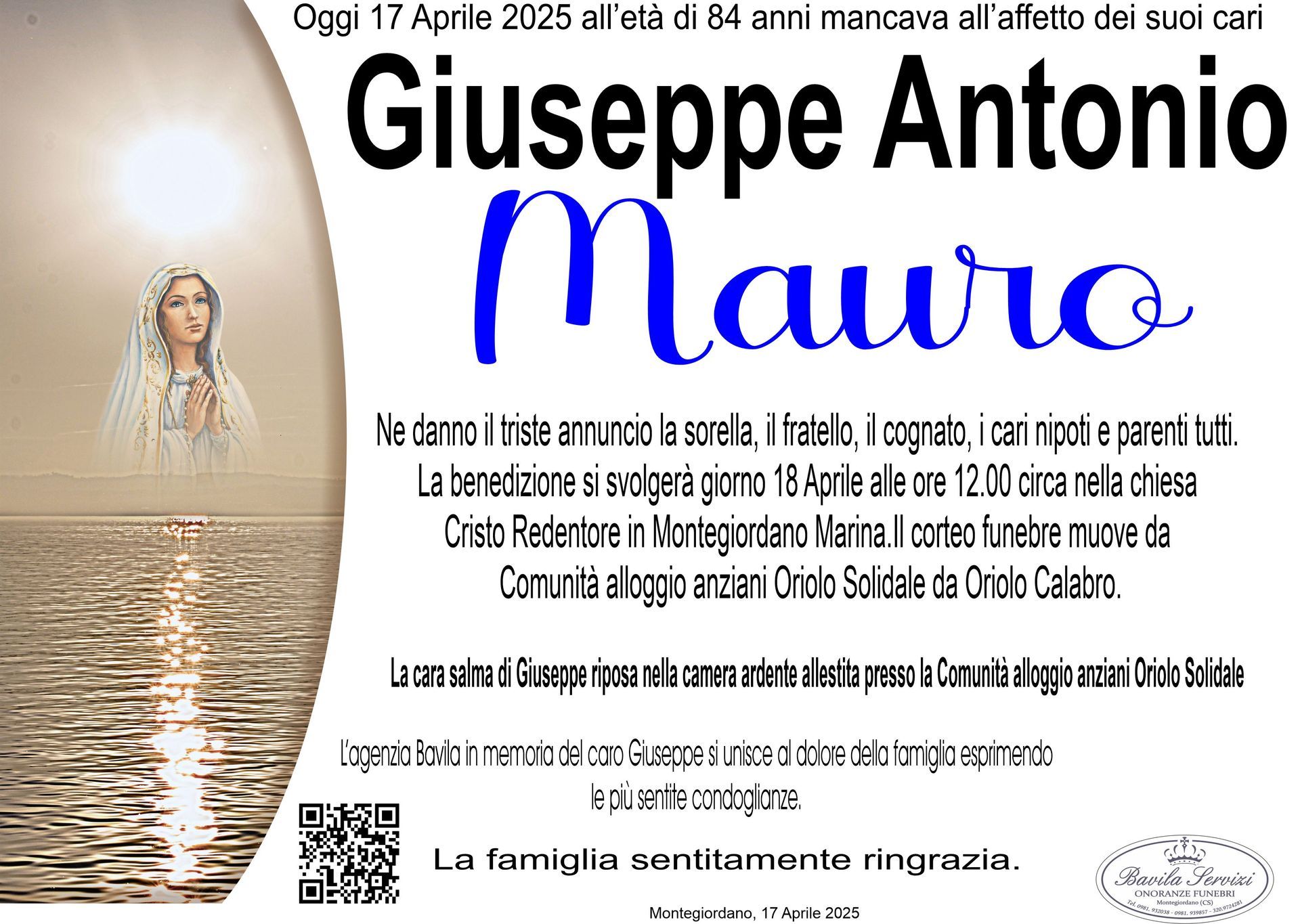 necrologio Giuseppe Antonio Mauro