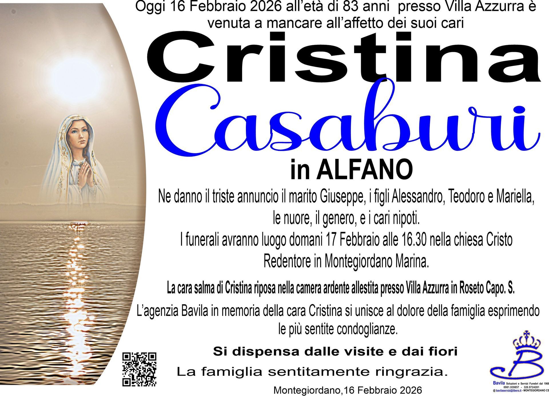 necrologio Cristina Casaburi in Alfano