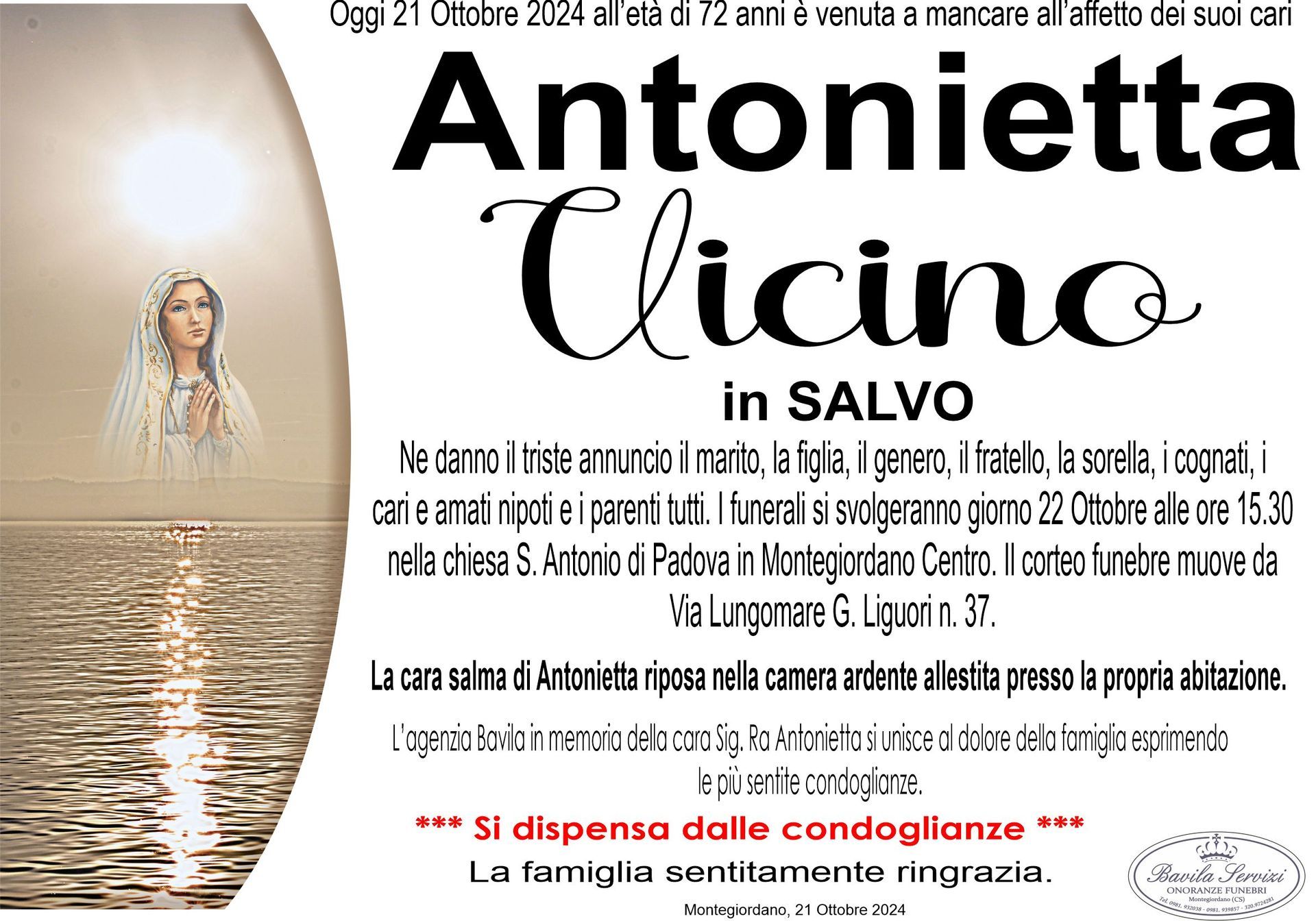 necrologio Antonietta Vicino in Salvo