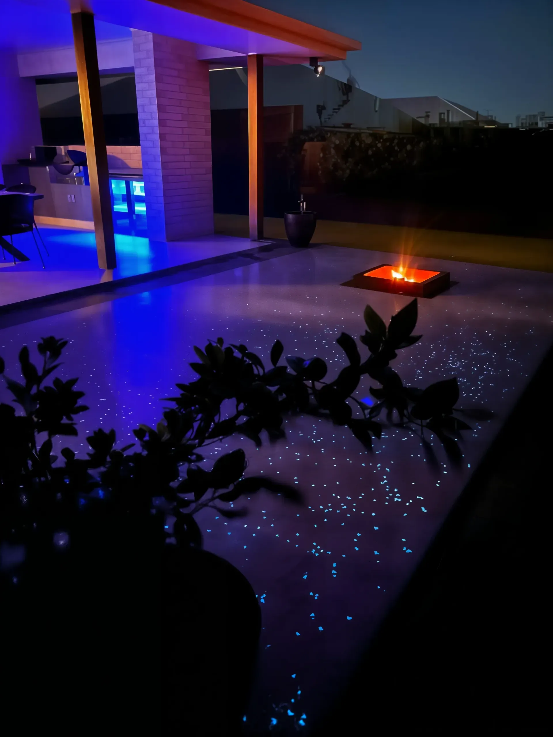Nighttime Patio With Embedded Glowing Dots — Showcase Concrete & Polishing in Moore Park Beach, QLD