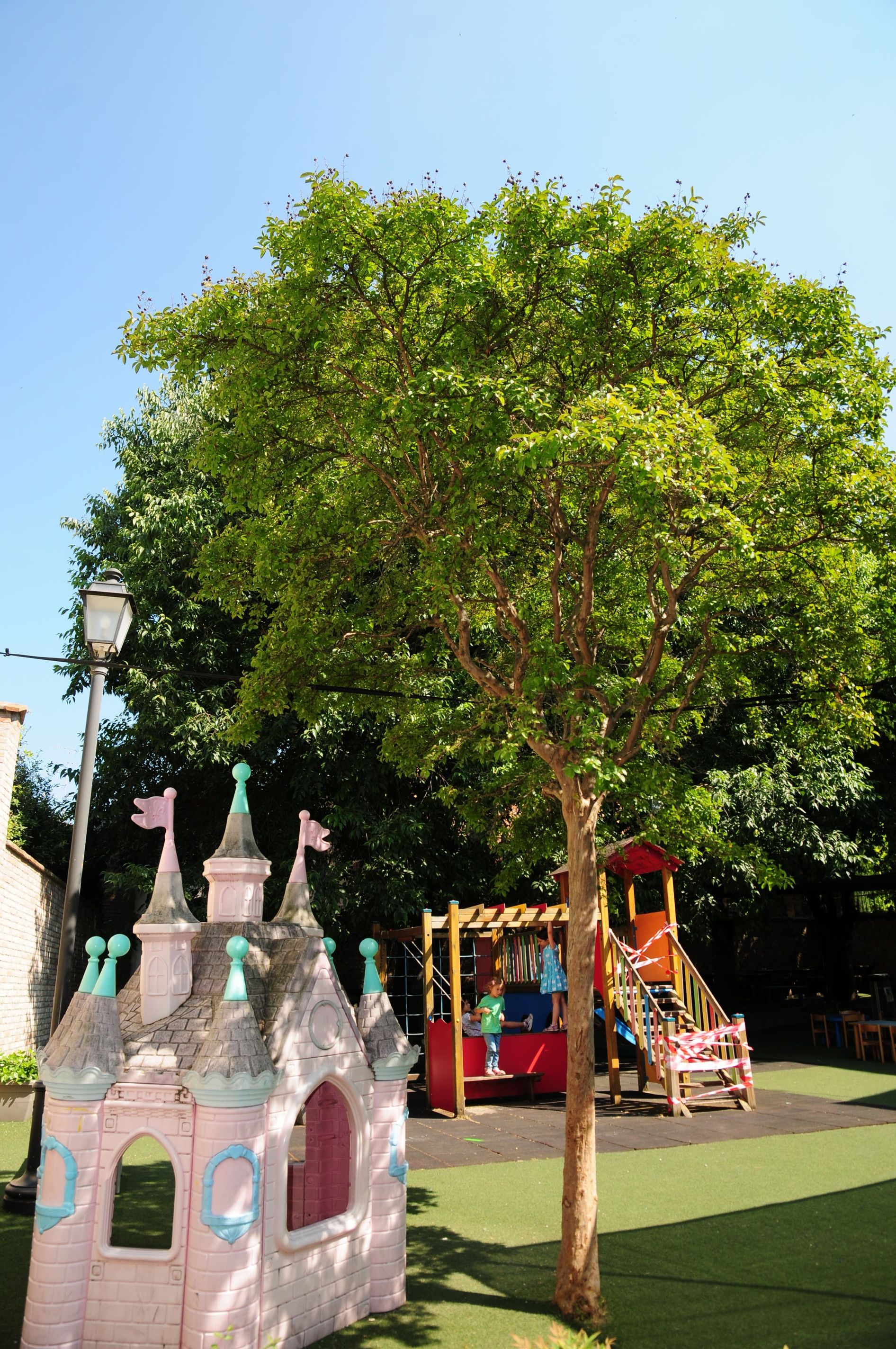 Un castello rosa è situato accanto a un albero in un parco giochi.