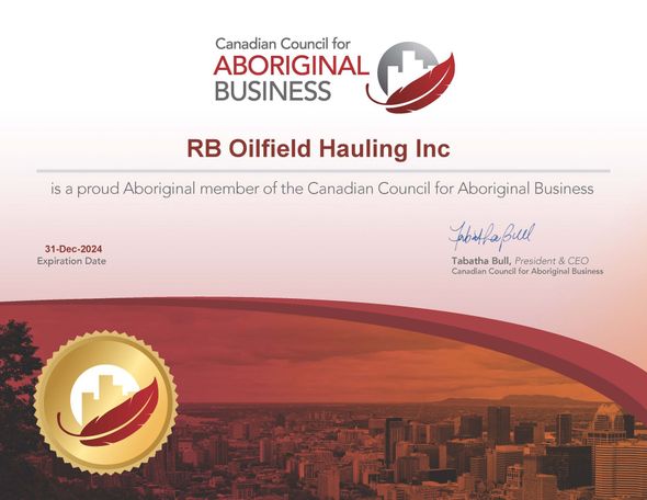 A picture of RB Oilfield Hauling's CCAB Certified Aboriginal Business Certificate