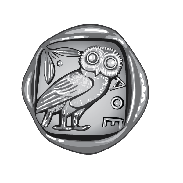 A black and white drawing of an owl on a coin.