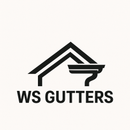 Black logo of a roof silhouette with an attached gutter and downspout, above the text "WS GUTTERS" on a cream background.