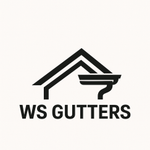 Black logo of a roof silhouette with an attached gutter and downspout, above the text "WS GUTTERS" on a cream background.