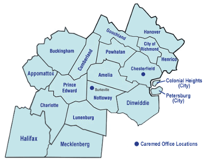 Light blue map of Virginia regions with Carmax office locations marked by dark blue dots. Light blue map of Virginia regions with Carmax office locations marked by dark blue dots.