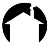 Sagoma nera di una casa con un camino all'interno di un cerchio nero.