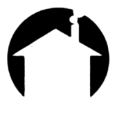 Logo in bianco e nero: sagoma di una casa con un camino all'interno di un cerchio.