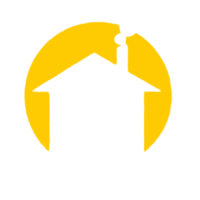 Sagoma di una casa bianca con camino all'interno di un cerchio giallo.