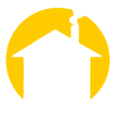 Silhouette di una casa bianca con camino sullo sfondo del sole giallo.