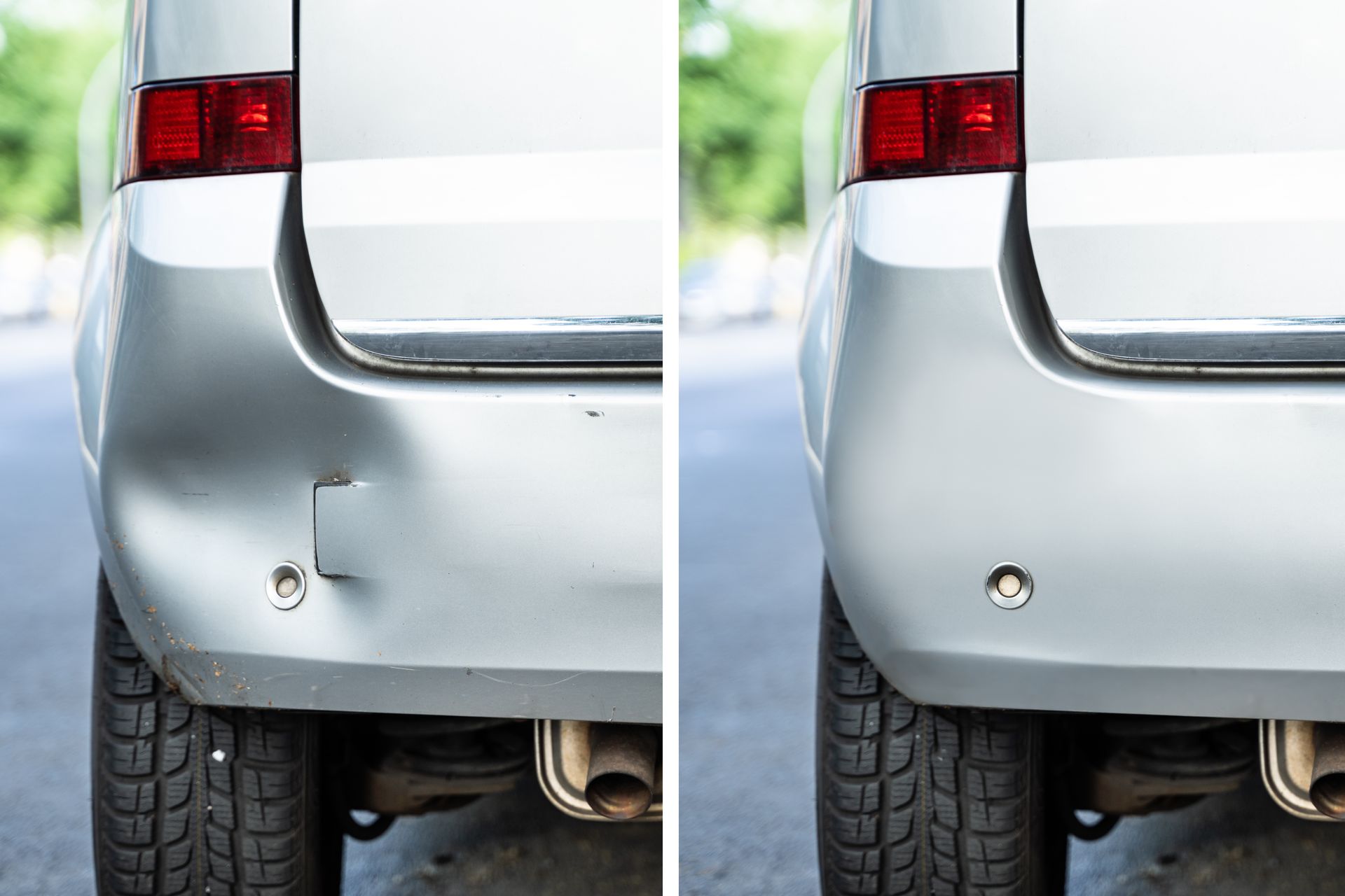 a before and after photo of a car 's rear bumper
