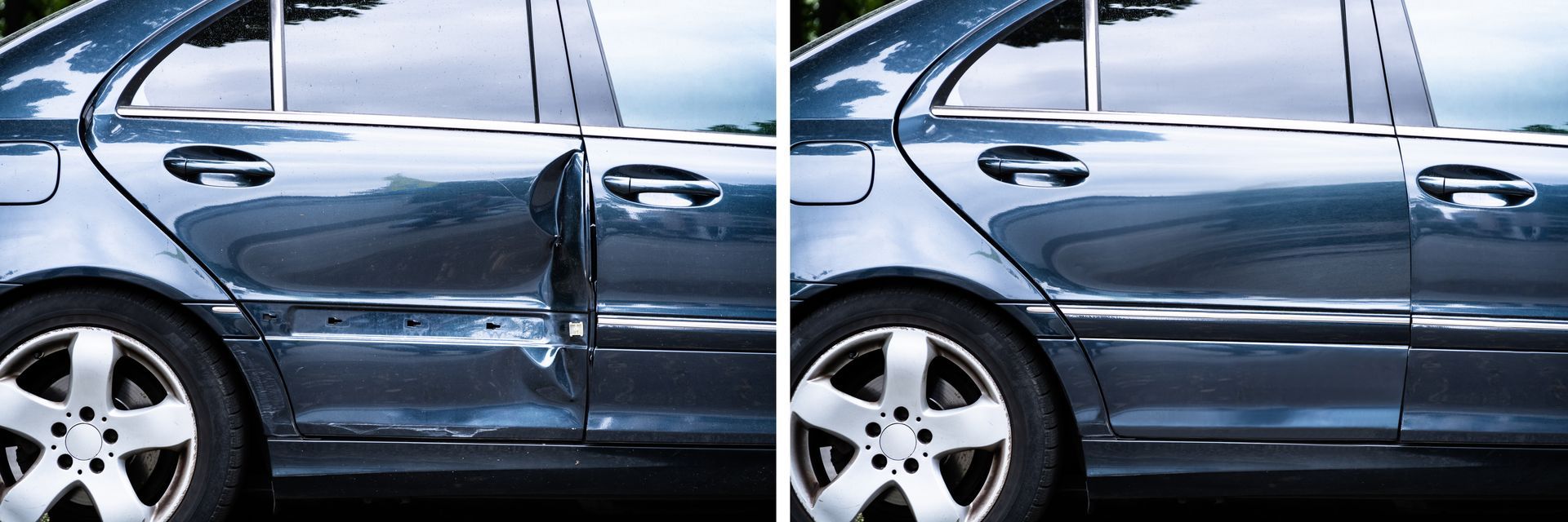 a before and after photo of a damaged car