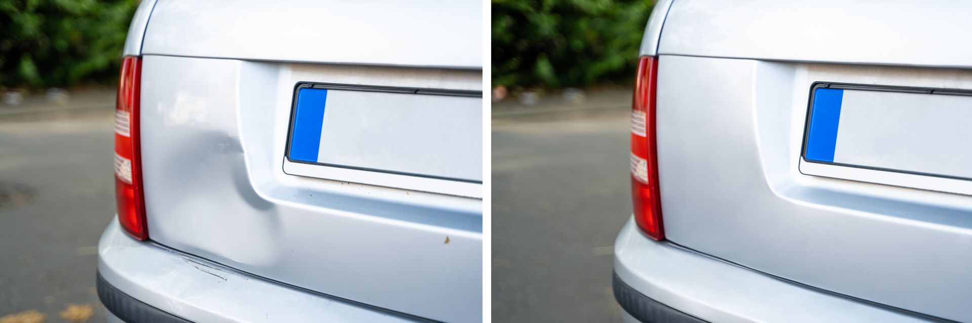 a before and after photo of a car rear bumper repair
