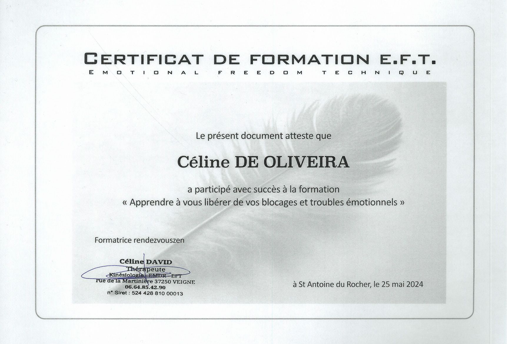 Certificat de formation E.F.T Elaia