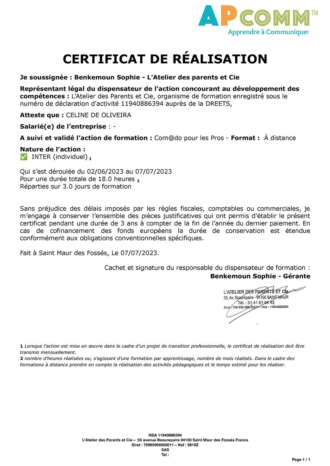 Certificat de réalisation L'atelier des parents Elaia