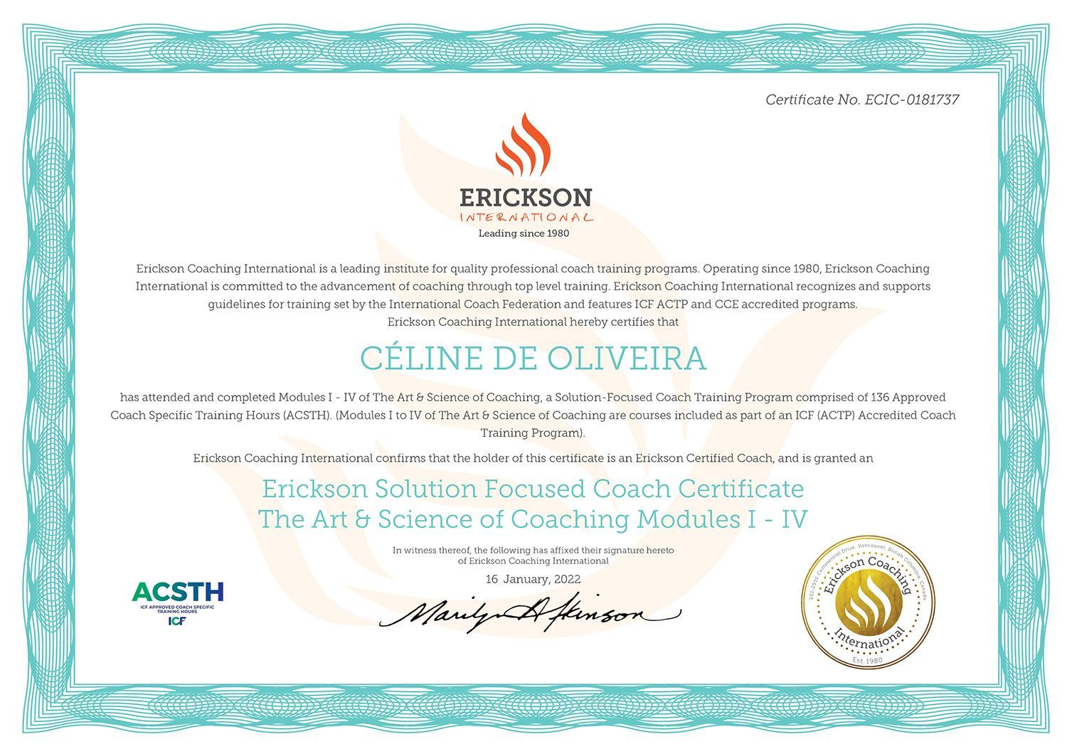 Certificat de coaching ICF Ealia
