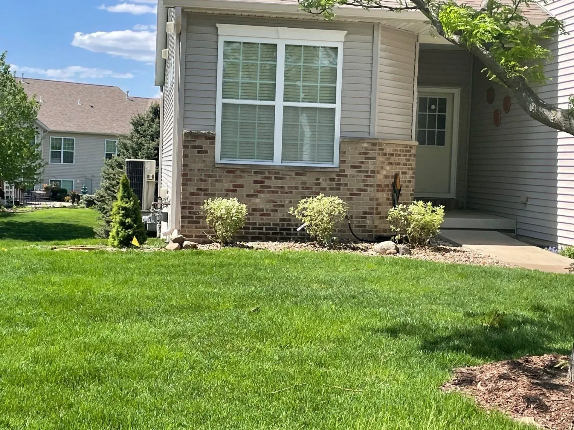 Lawn in front of a tan and brick townhouse with a large window and small bushes.