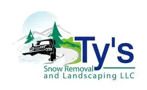 Logo for Ty's Snow Removal and Landscaping LLC: A vehicle on a snowy road with mountains and the company name.
