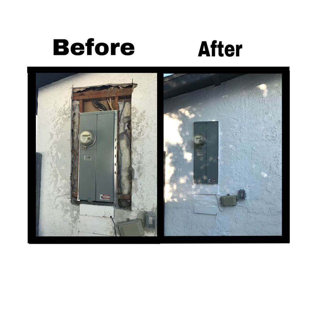 Before and after photos of an electrical meter box; damaged wood and repaired stucco.
