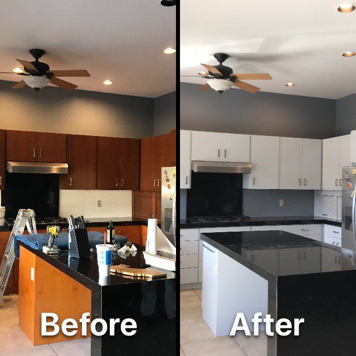 Before and after kitchen renovation: dark wood cabinets become white, grey walls.