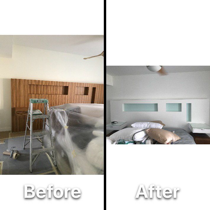 Before-and-after of a bedroom headboard. Before: Wood headboard being installed. After: White headboard with recessed shelves, bedding on the bed.