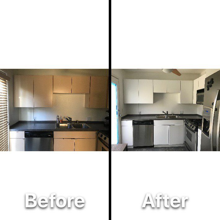 Before and after kitchen renovation. Shows tan cabinets with dark counters transforming to white cabinets with silver appliances.
