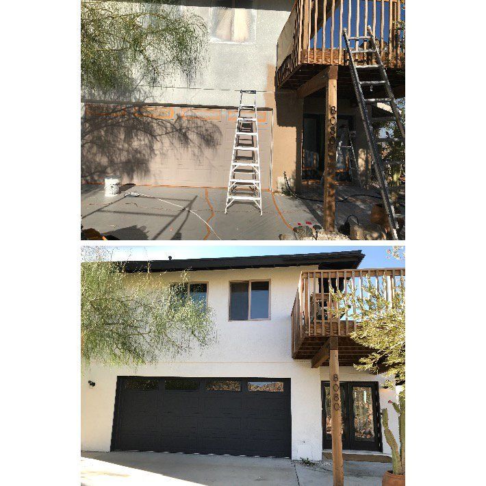 Before-and-after of a house exterior. White walls, dark garage door, and wooden deck on the right side.