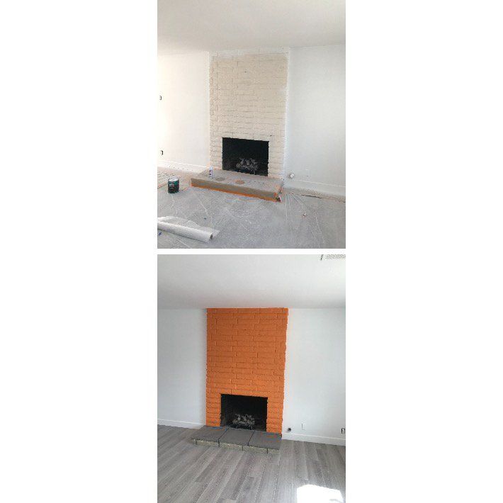 Top: Room with white painted brick fireplace. Bottom: Fireplace painted orange.