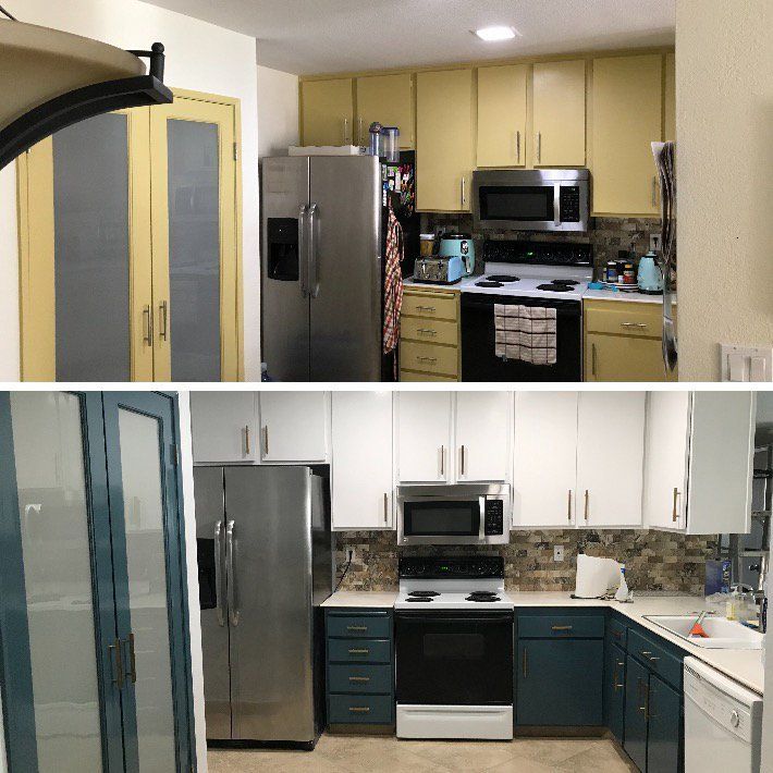 Kitchen before and after renovation: yellow to white upper cabinets, teal lower cabinets.