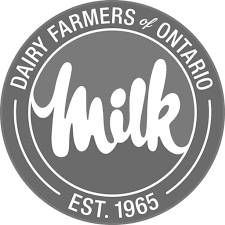 The dairy farmers of ontario milk logo is gray and white.