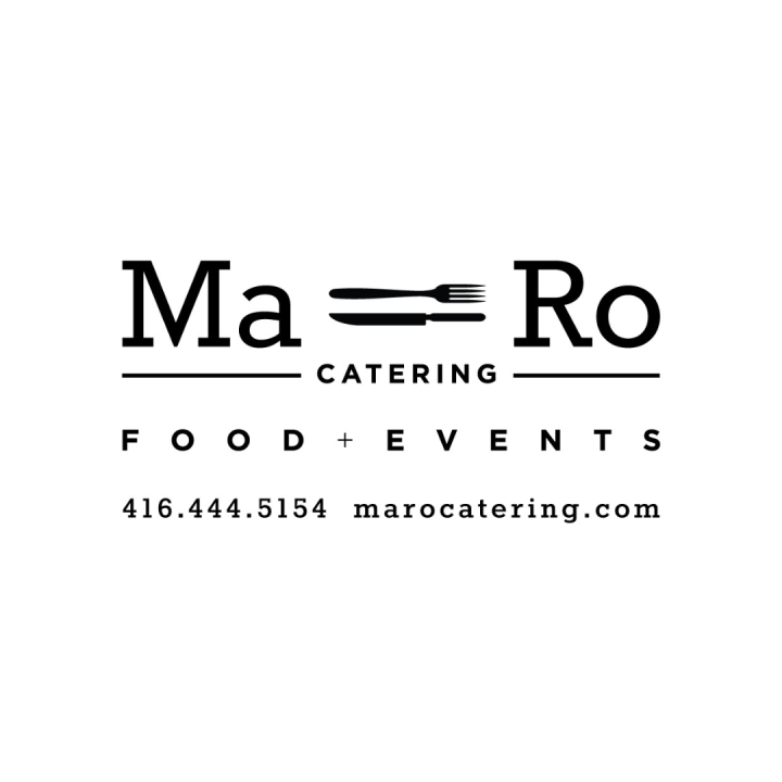 A black and white logo for maro catering food and events.