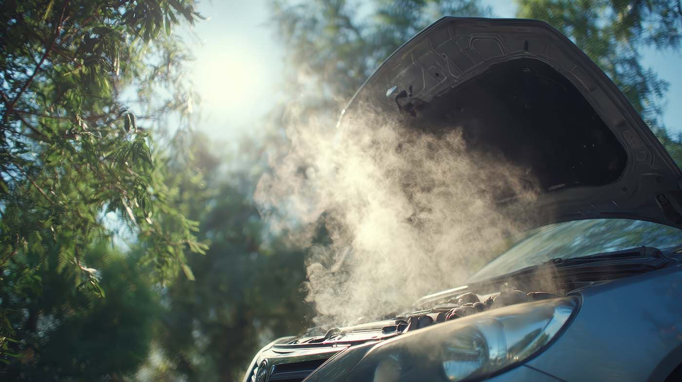 Steam rising from an overheated car engine on the side of the road